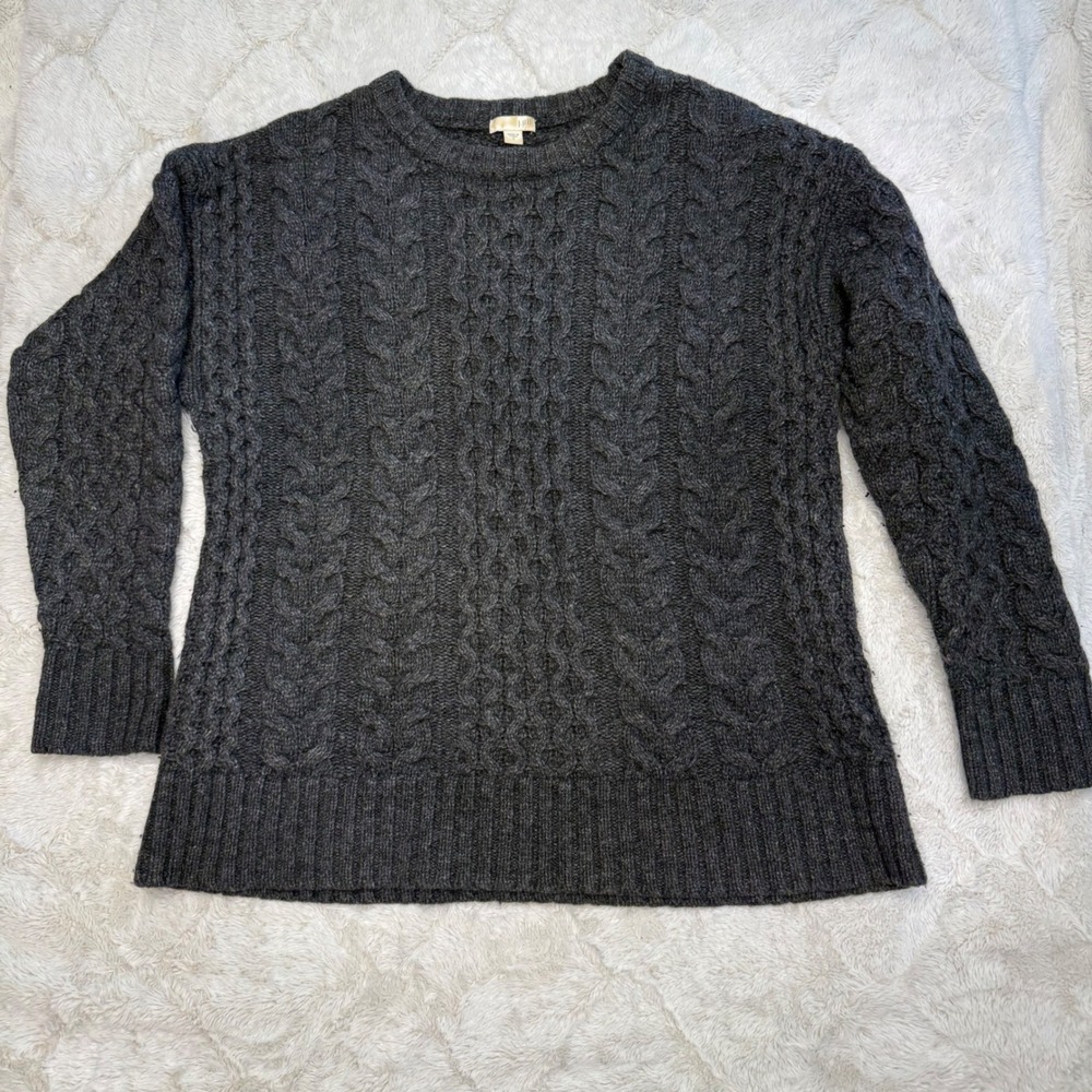 J Jill Women Small Lambswool Cable Knit Sweater Charcoal Gray Fisherman Wool